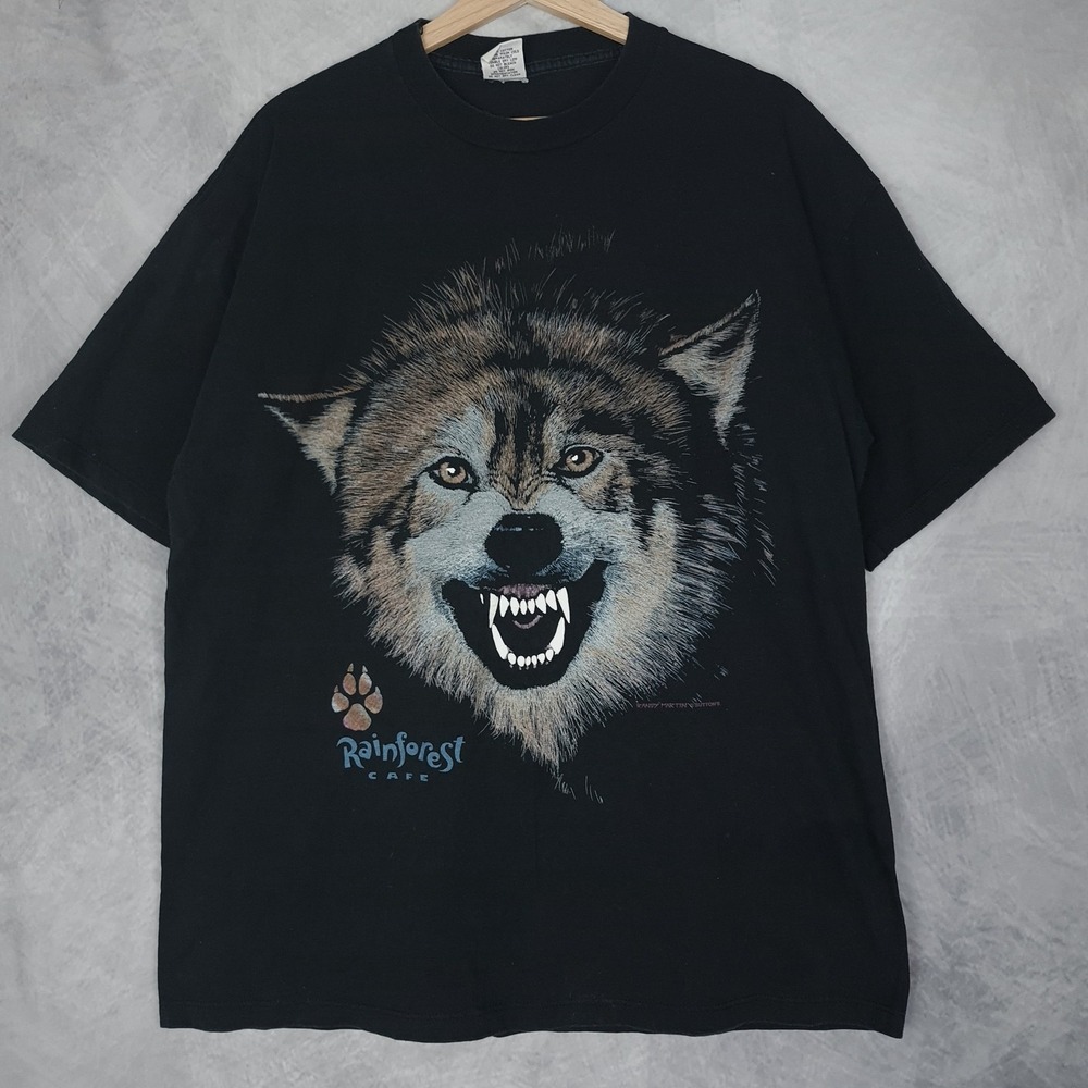 Vintage Rainforest Cafe Shirt Mens XL Black Wolf Animal Graphic Tee Made USA 90s